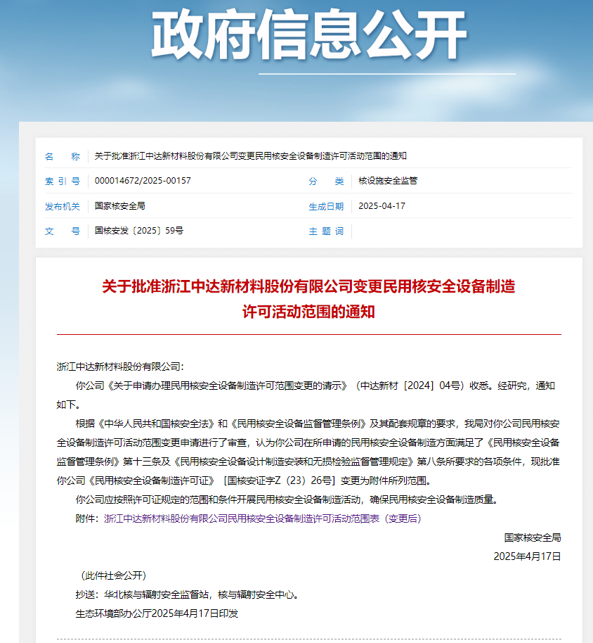 Zhongda New Materials successfully passed the audit of the expansion of the civil nuclear safety equipment manufacturing license